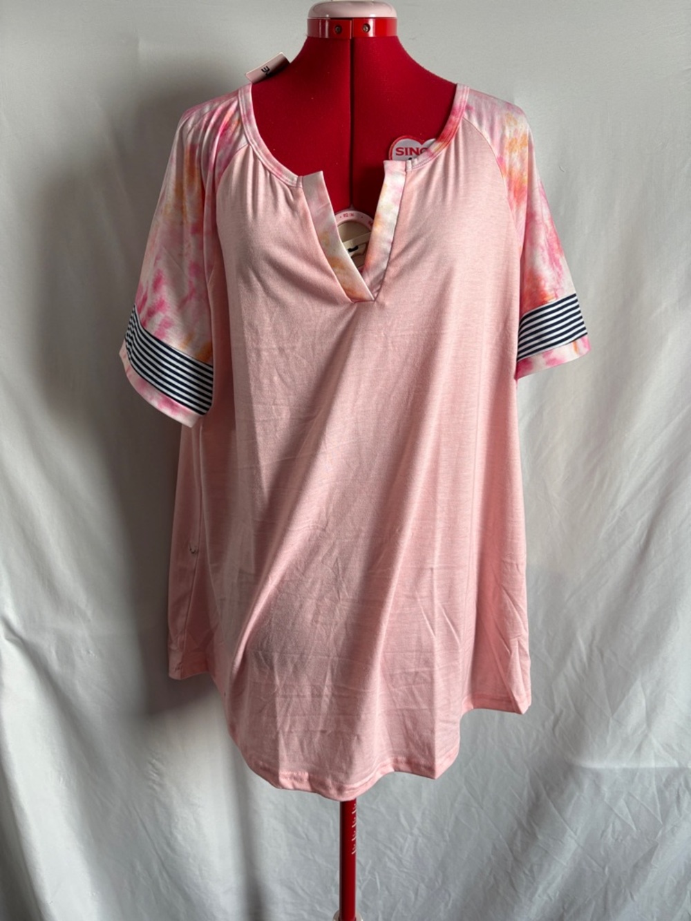 Women's Soft Pink Split-Neck Short Sleeve Tee with Tie-Dye Sleeves